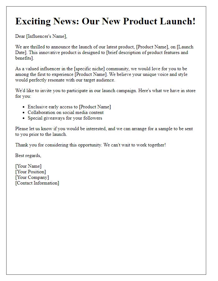 Letter template of product launch announcement for influencers