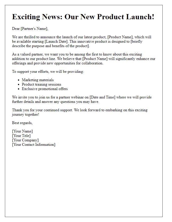 Letter template of product launch announcement for partners