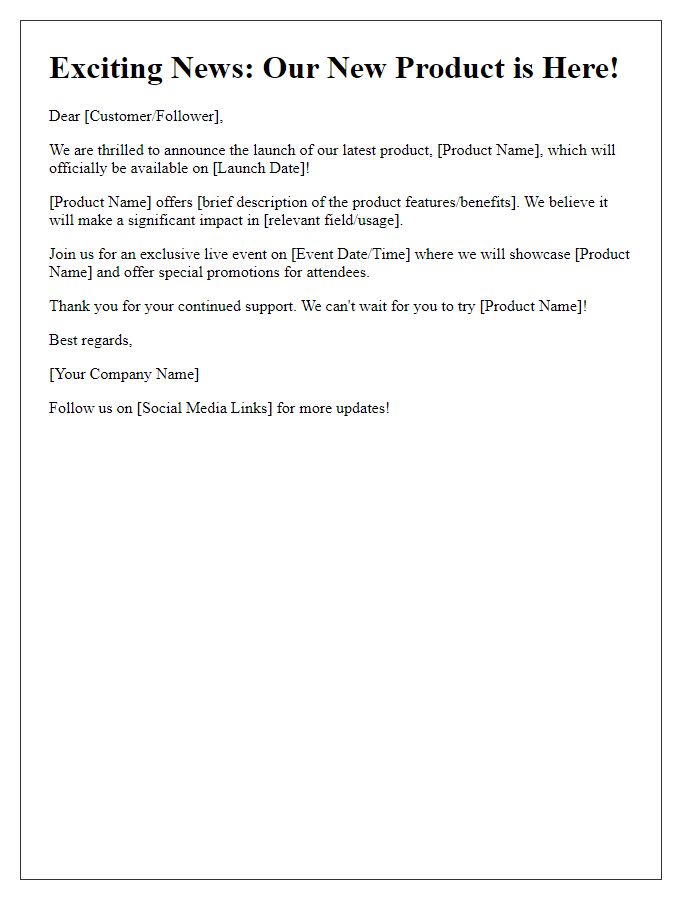 Letter template of product launch announcement for social media