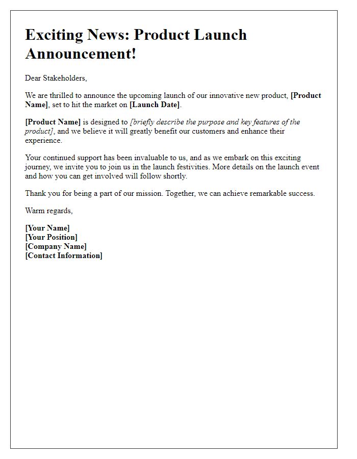 Letter template of product launch announcement for stakeholders