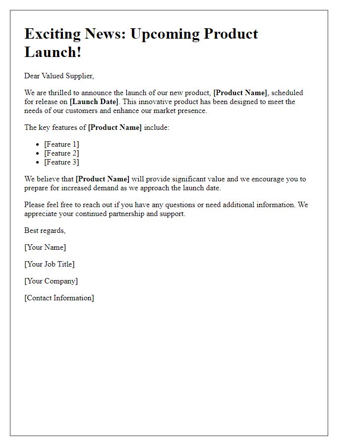 Letter template of product launch announcement for suppliers