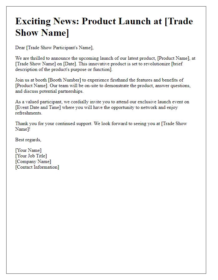 Letter template of product launch announcement for trade show participants