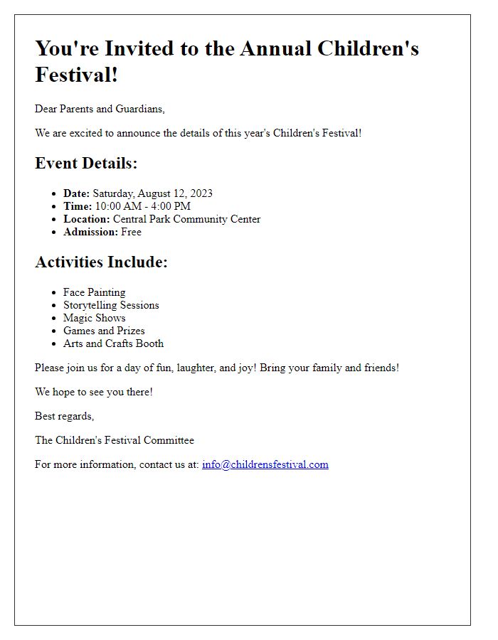 Letter template of children's festival event details