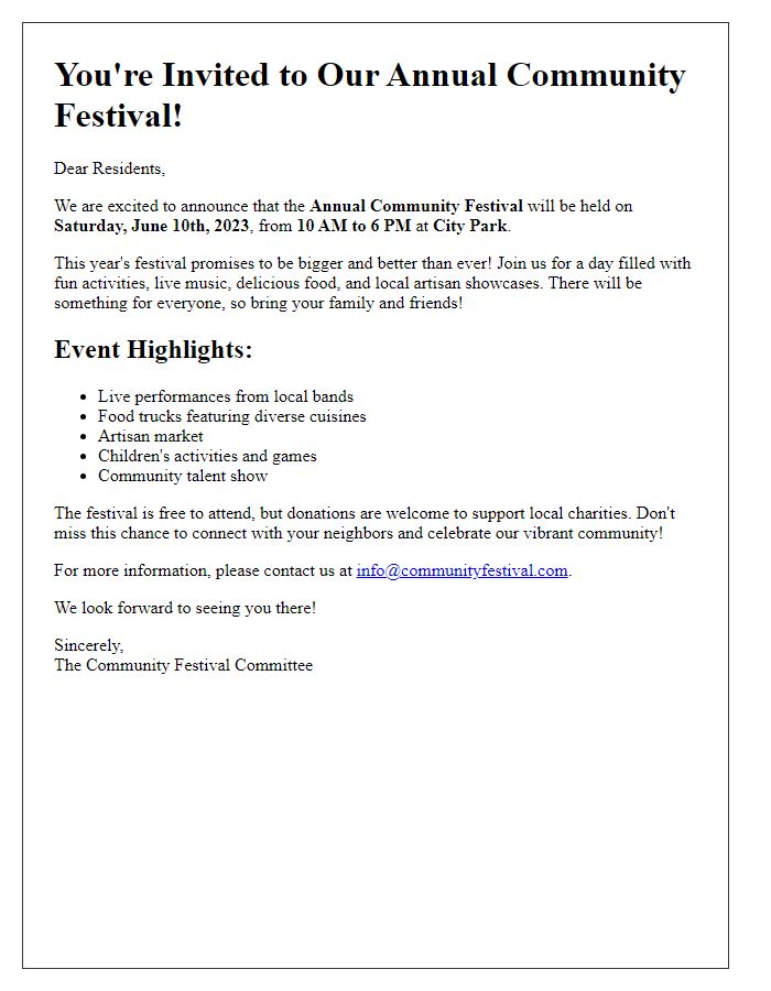 Letter template of community festival event announcement