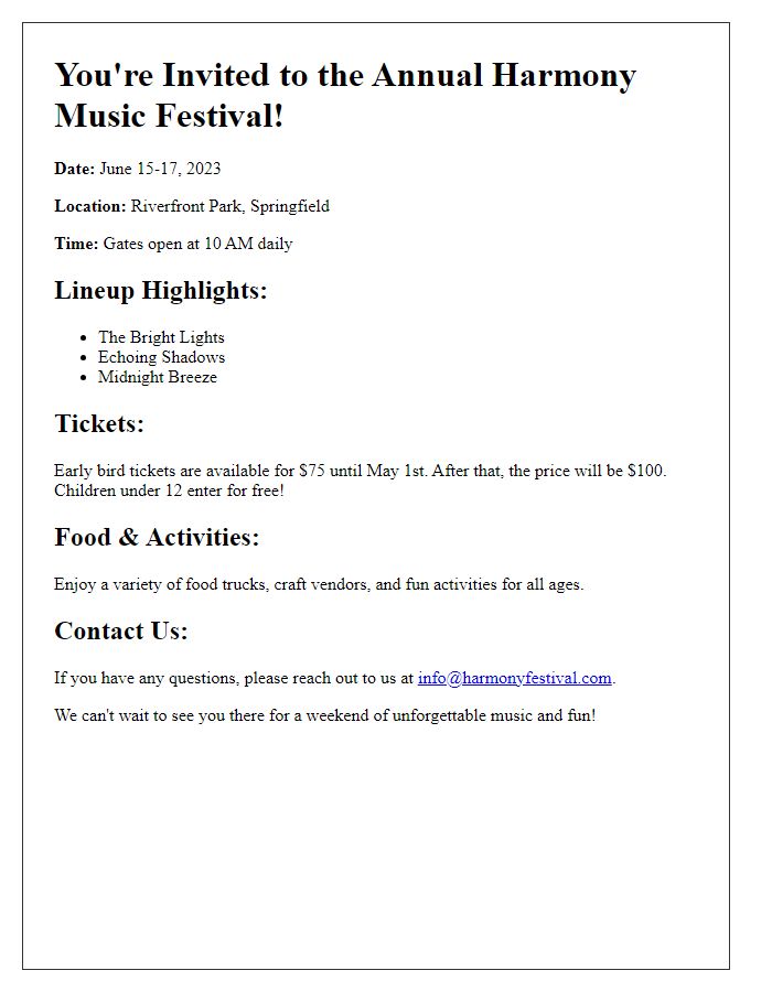 Letter template of music festival event details