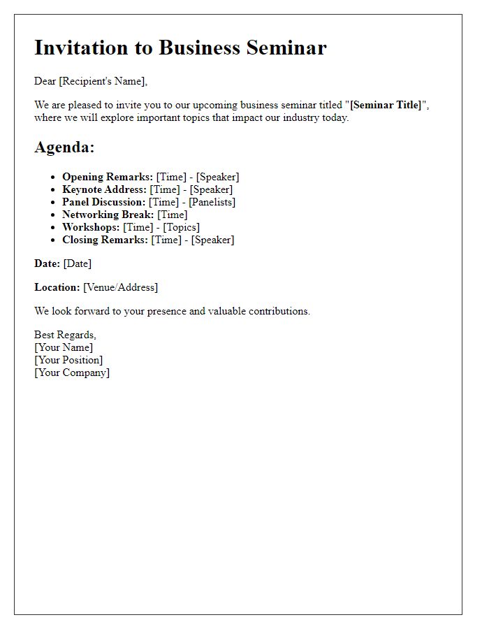 Letter template of agenda for a business seminar invitation.