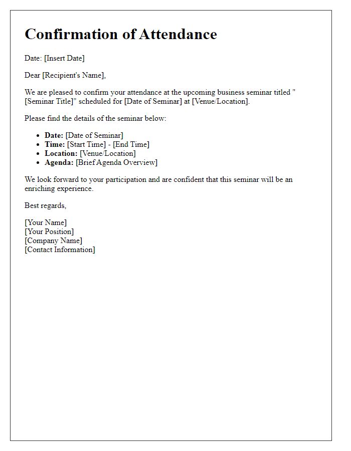 Letter template of confirmation for a business seminar attendance.