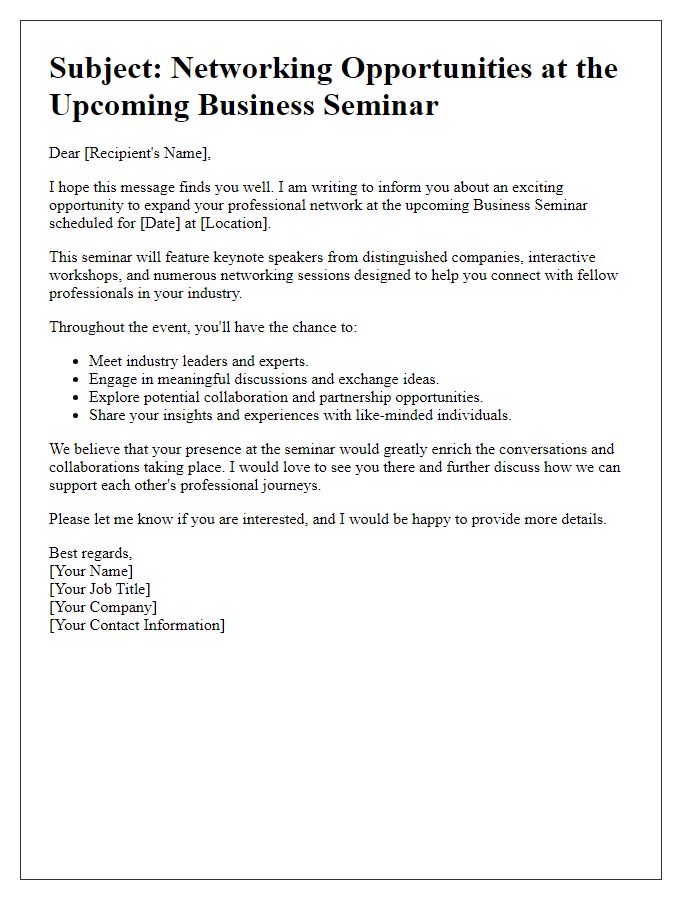 Letter template of networking opportunities at a business seminar.