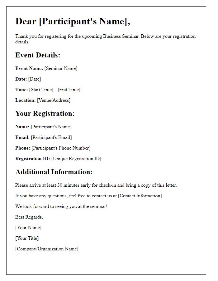 Letter template of registration details for a business seminar.