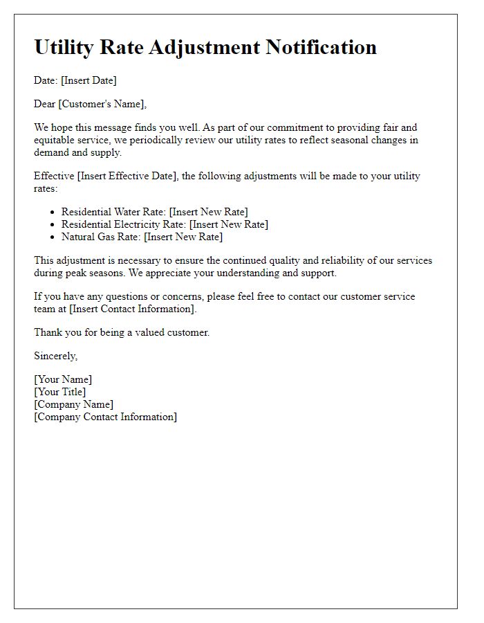 Letter template of adjustments in utility rates based on seasonal changes