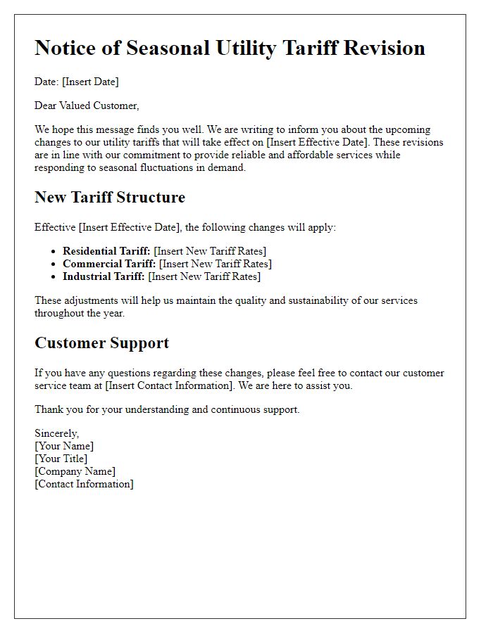 Letter template of seasonal utility tariff revisions