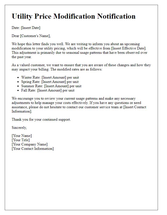 Letter template of utility price modification for seasonal usage