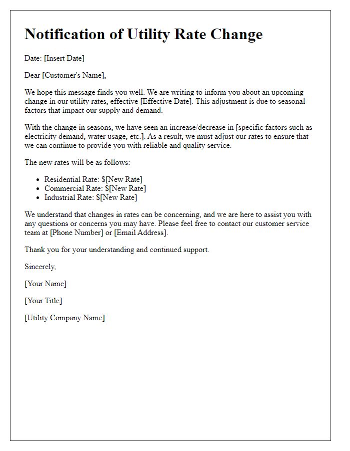 Letter template of utility rate change due to seasonal factors