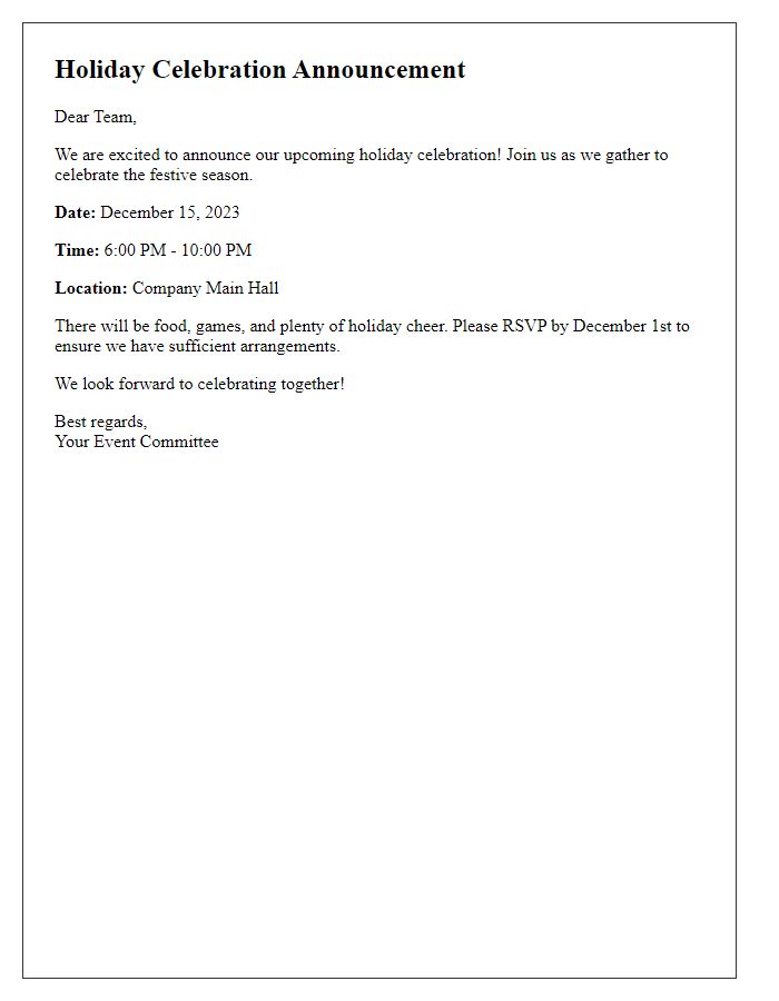 Letter template of holiday celebration announcement