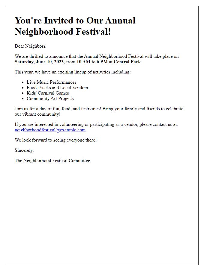 Letter template of neighborhood festival announcement