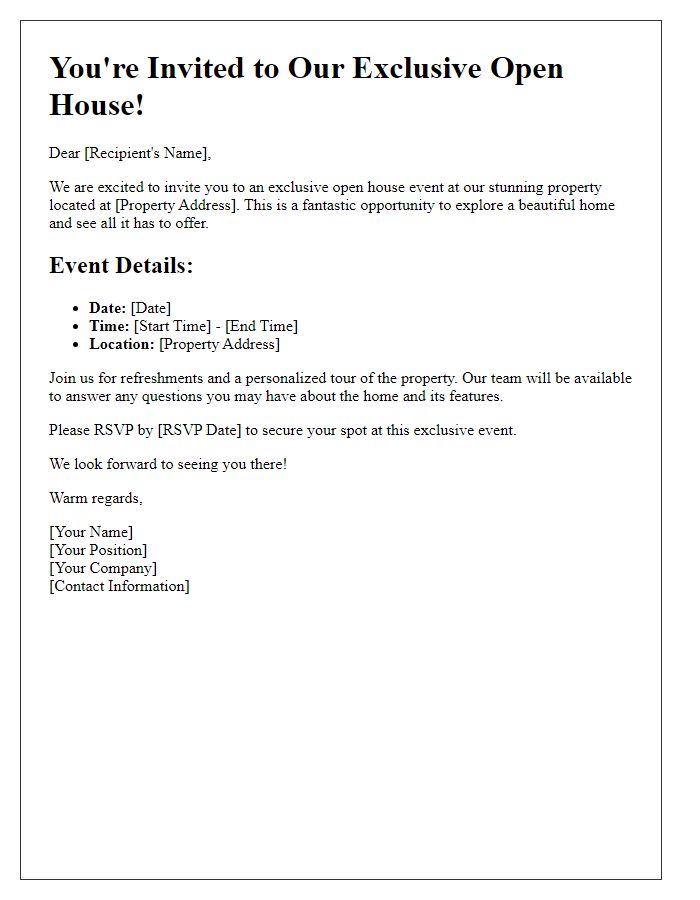 Letter template of details for exclusive open house invitation