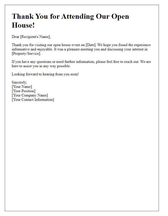 Letter template of follow-up after open house event