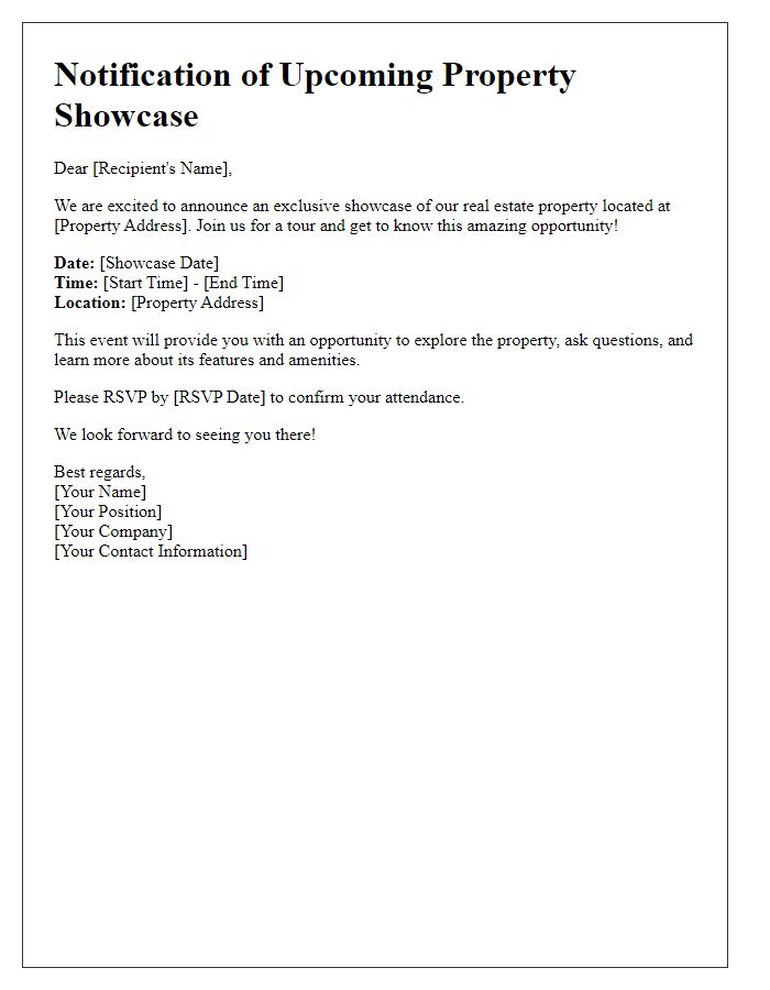 Letter template of notification for real estate property showcase