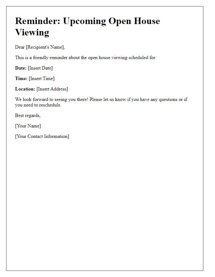 Letter template of reminder for scheduled open house viewing