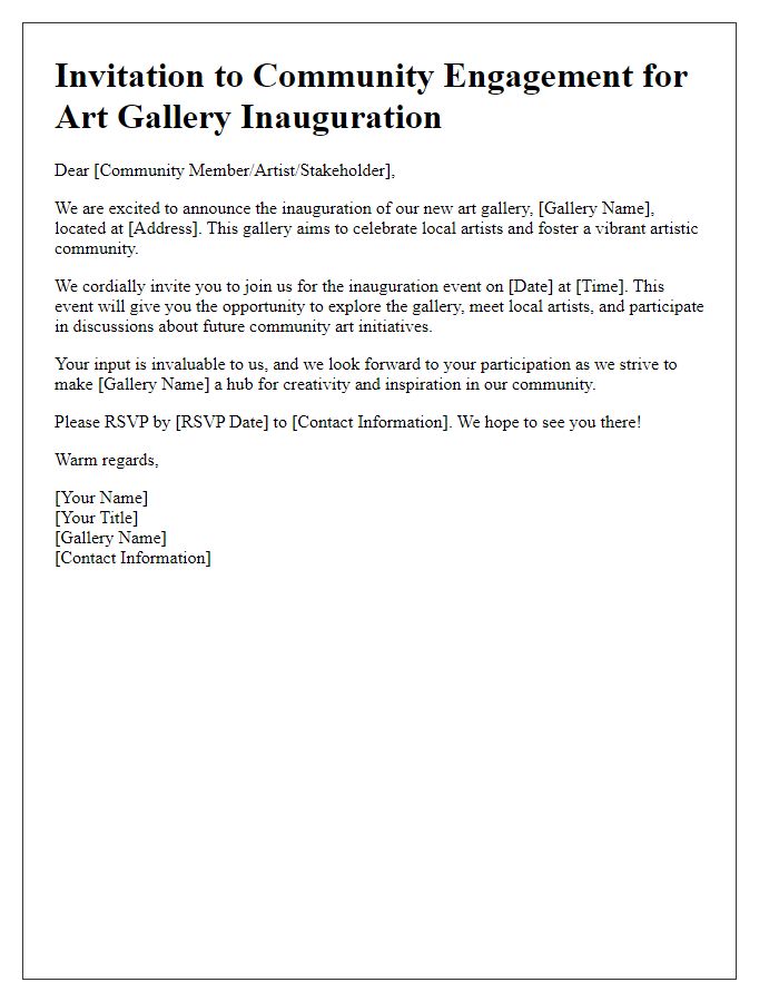 Letter template of community engagement for art gallery inauguration.