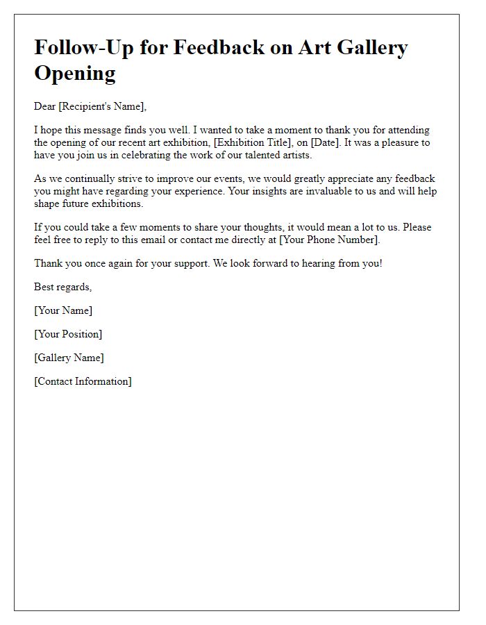 Letter template of follow-up for feedback post art gallery opening.