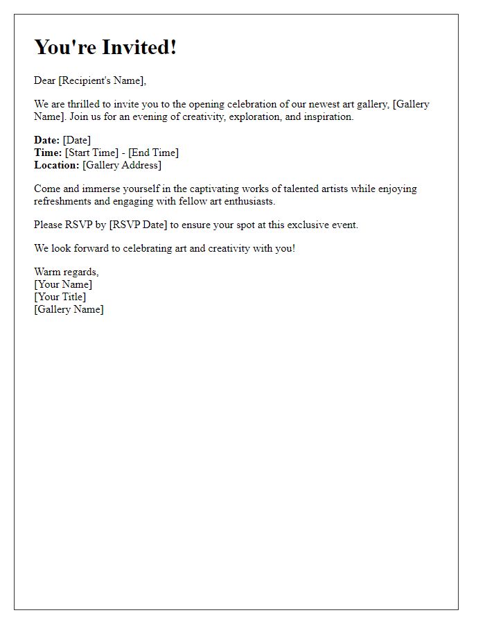 Letter template of invitation for art gallery opening celebration.