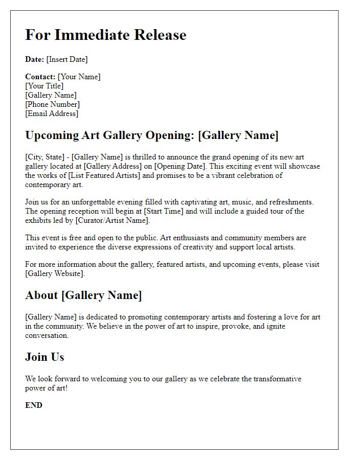 Letter template of press release for upcoming art gallery opening.