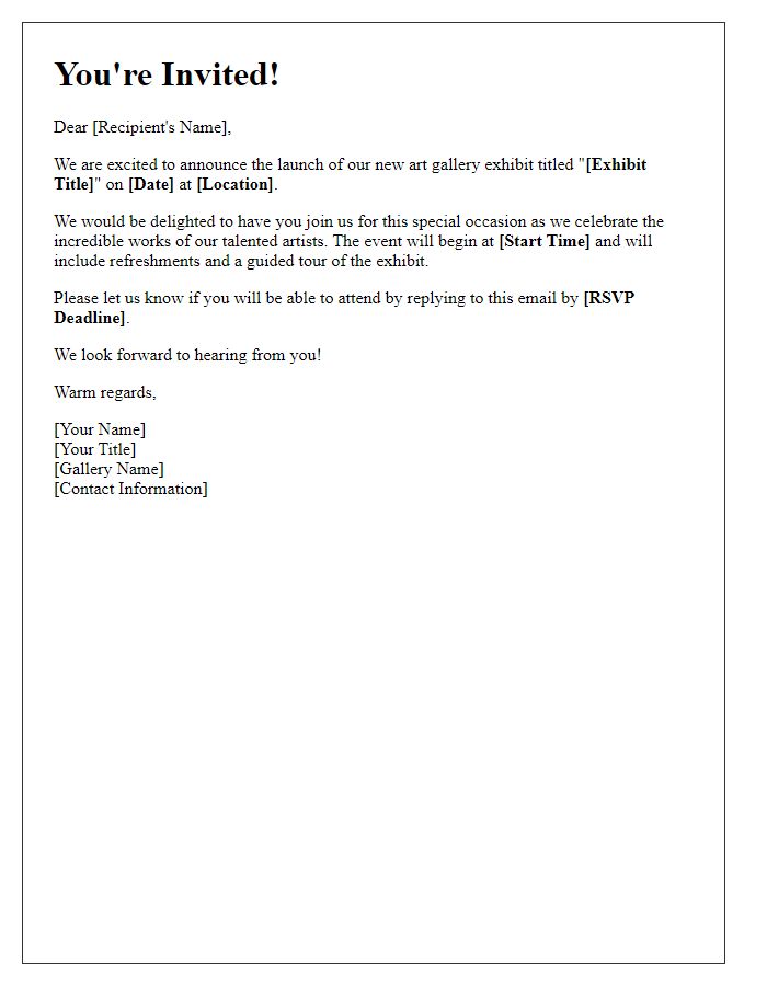 Letter template of RSVP request for art gallery exhibit launch.