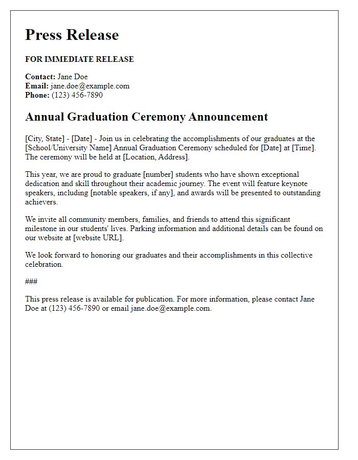 Letter template of graduation ceremony announcement for local press release