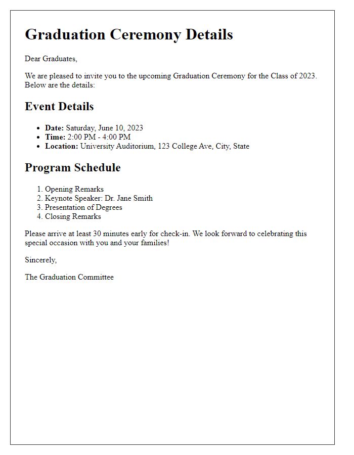 Letter template of graduation ceremony details for program booklets