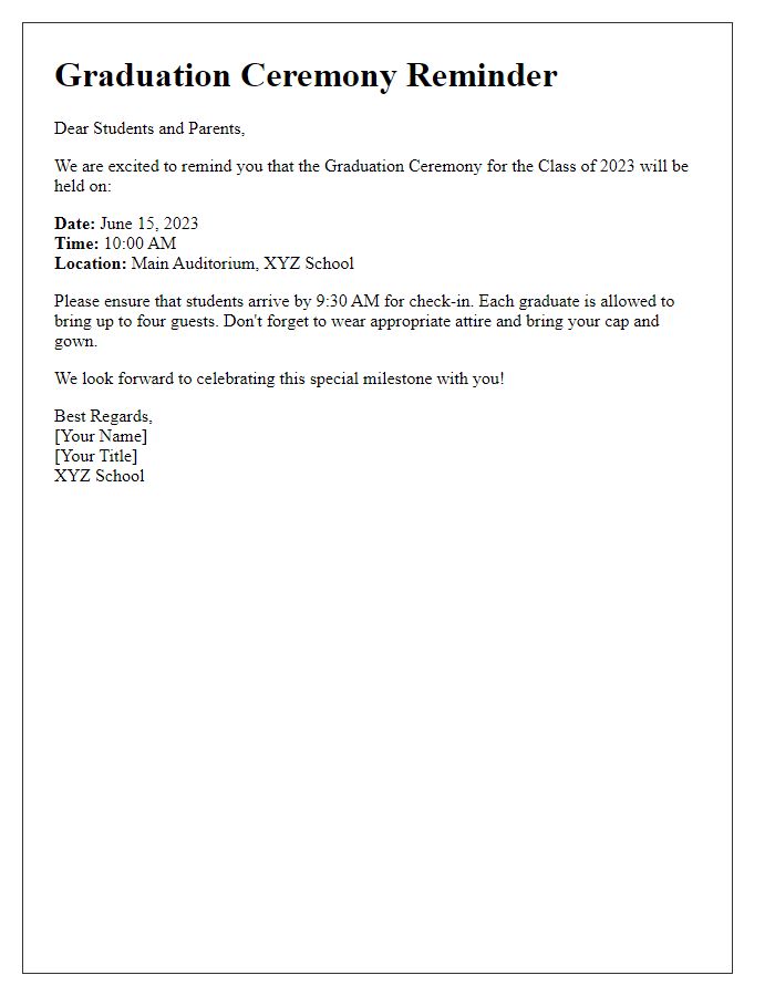 Letter template of graduation ceremony reminder for students and parents