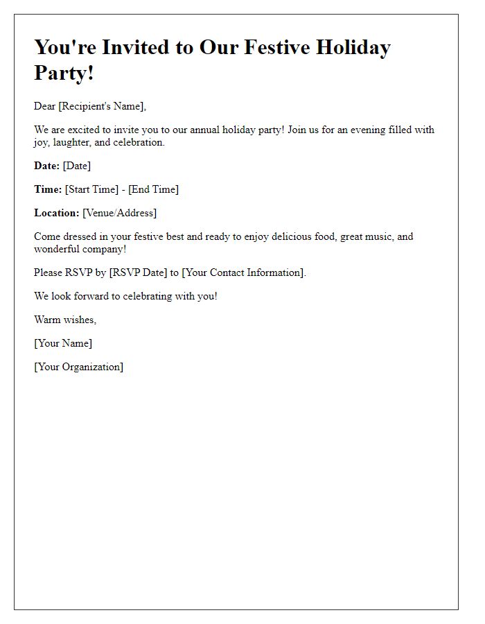 Letter template of festive holiday party invitation