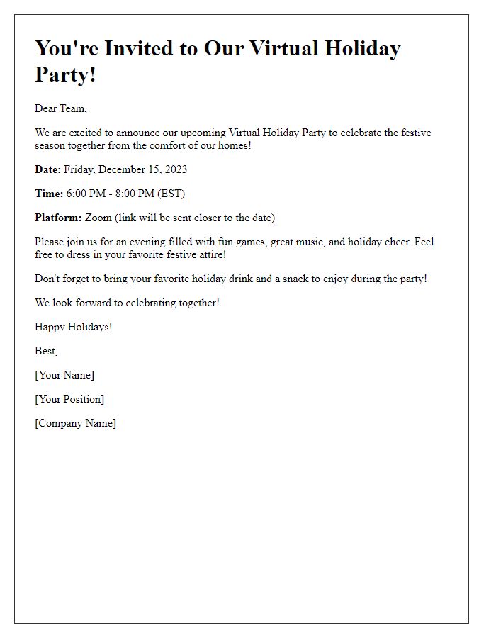 Letter template of virtual holiday party announcement