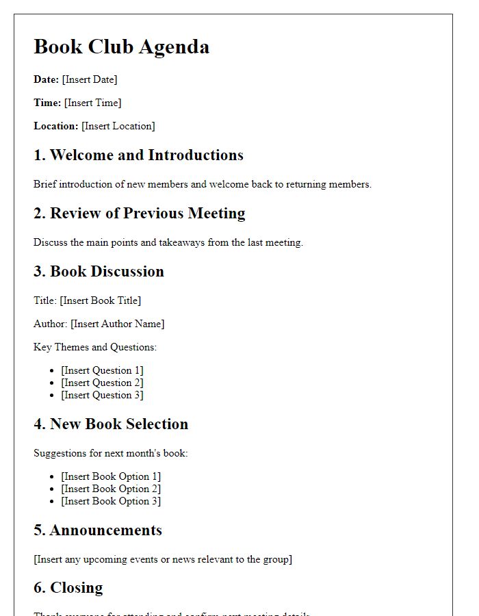 Letter template of book club agenda outline