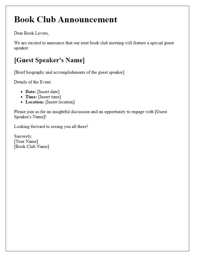 Letter template of book club guest speaker announcement