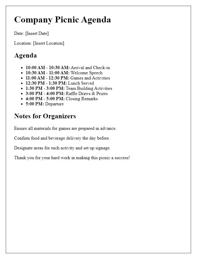 Letter template of company picnic agenda for organizers.