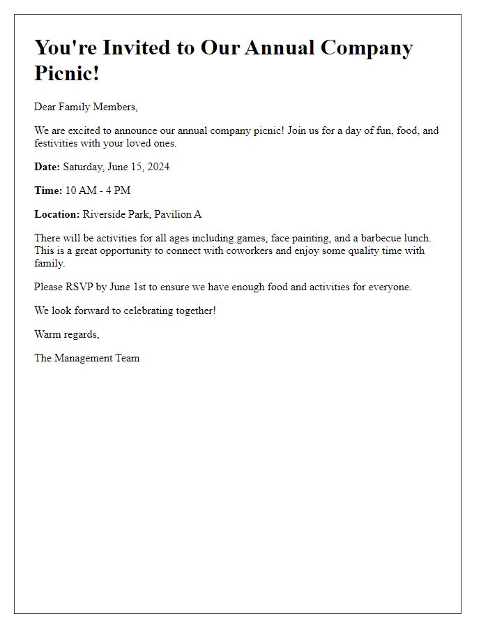 Letter template of company picnic announcement for family members.