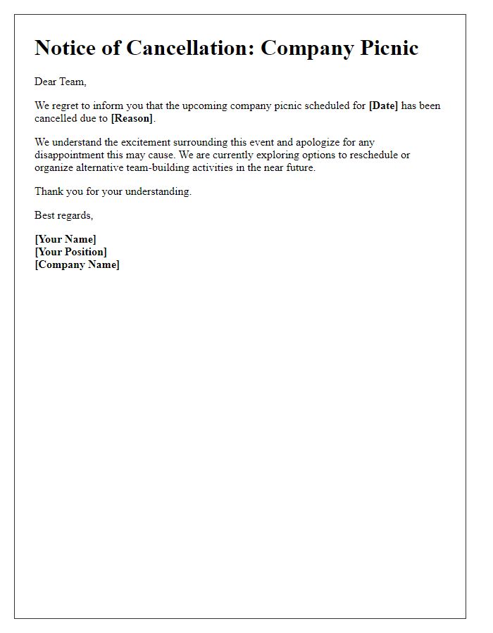 Letter template of company picnic cancellation notice.