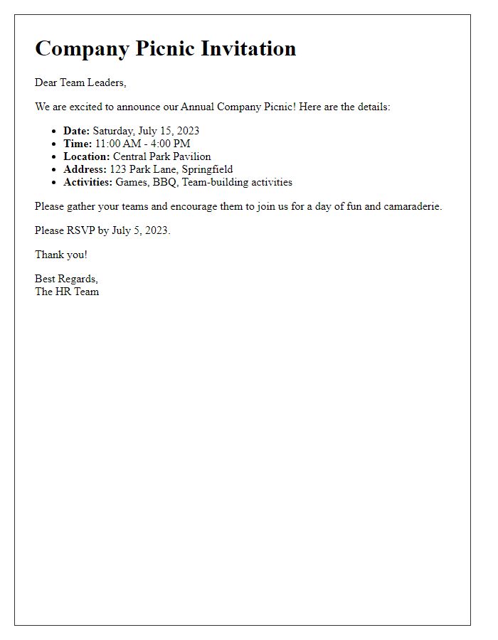 Letter template of company picnic details for team leaders.