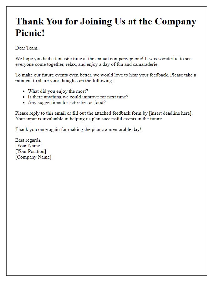 Letter template of company picnic follow-up for feedback.