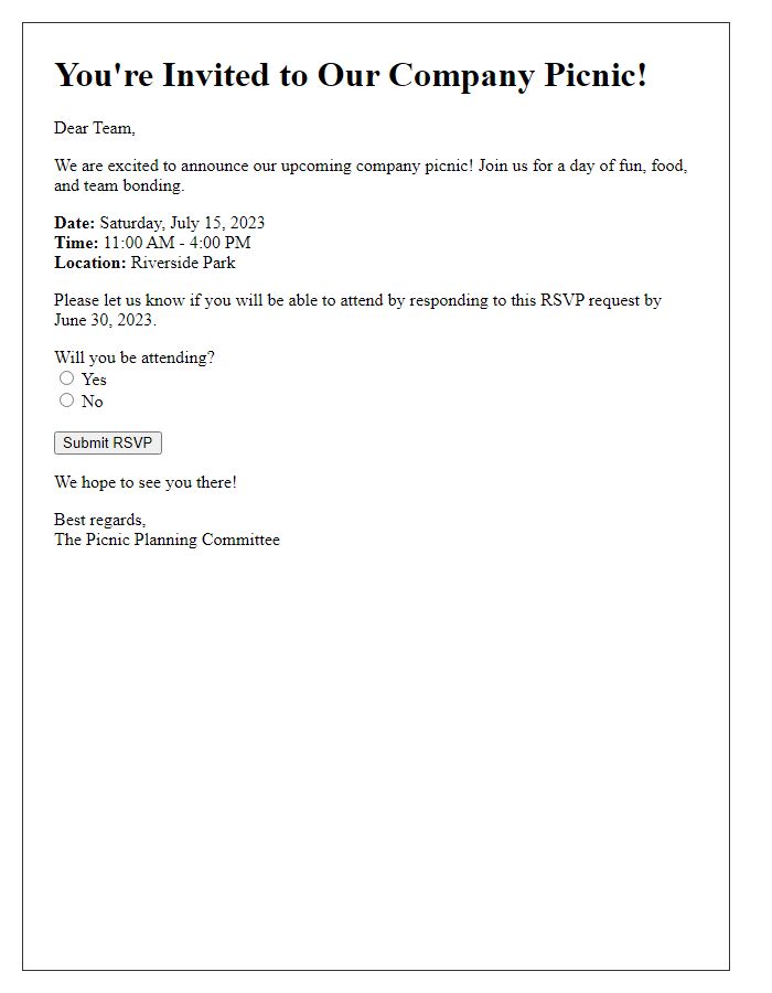 Letter template of company picnic RSVP request for attendees.