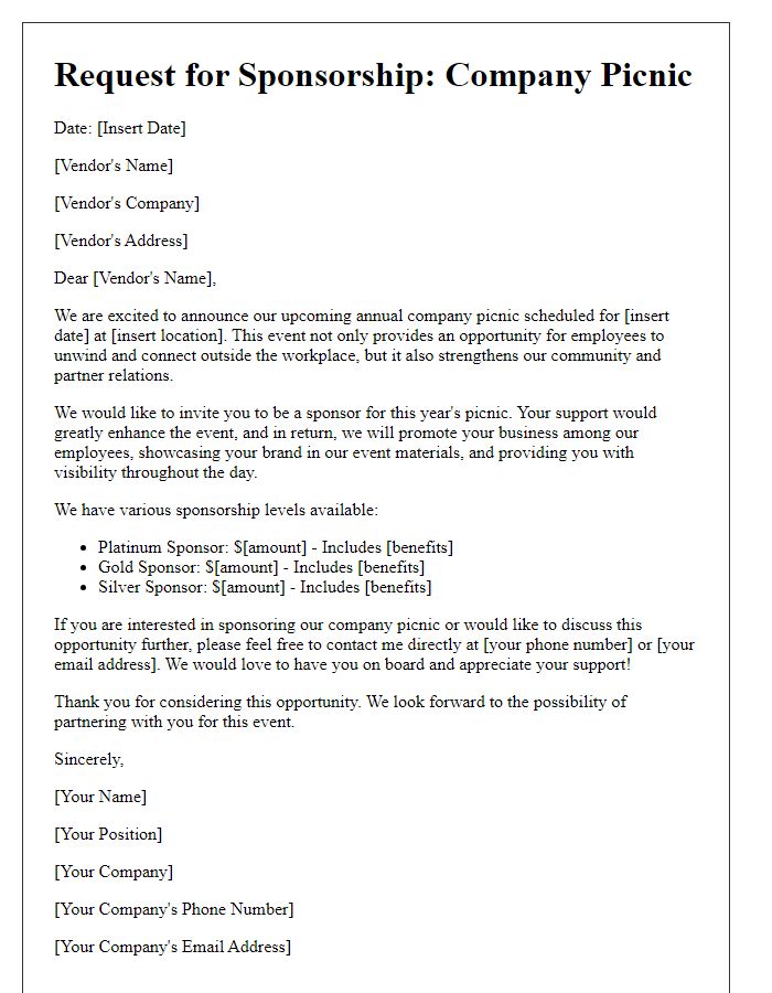 Letter template of company picnic sponsorship request for vendors.