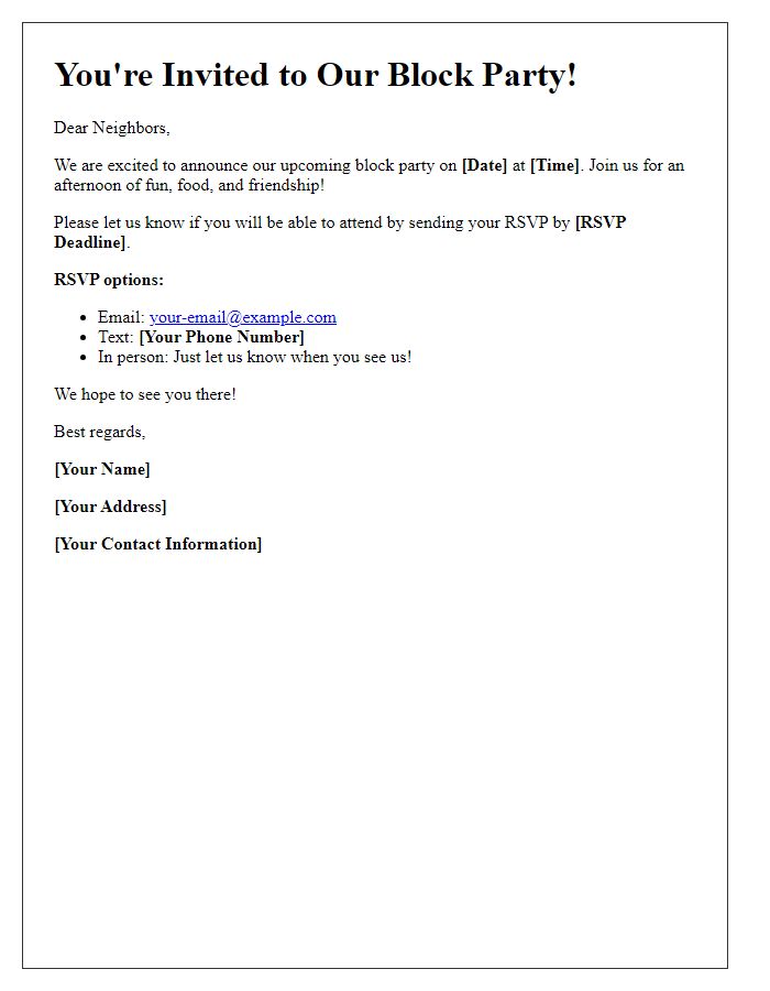 Letter template of RSVP request for block party attendance