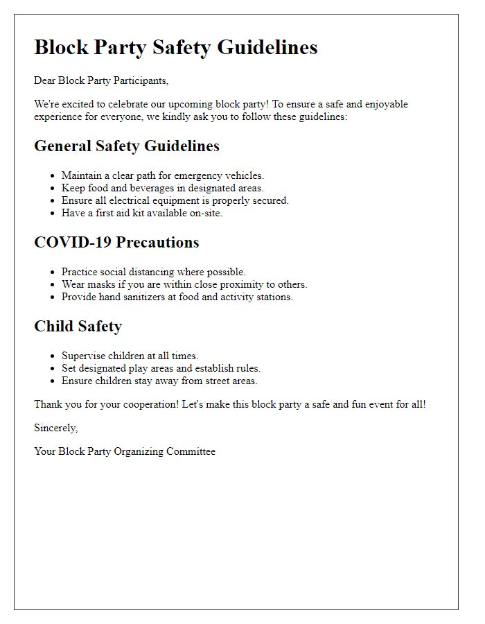 Letter template of safety guidelines for block party participation