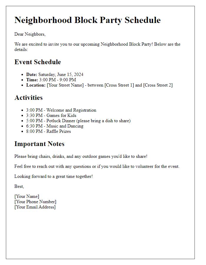 Letter template of schedule details for neighborhood block party