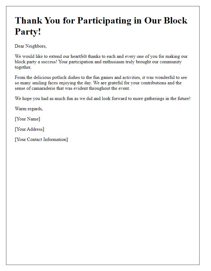 Letter template of thank you note for block party participants