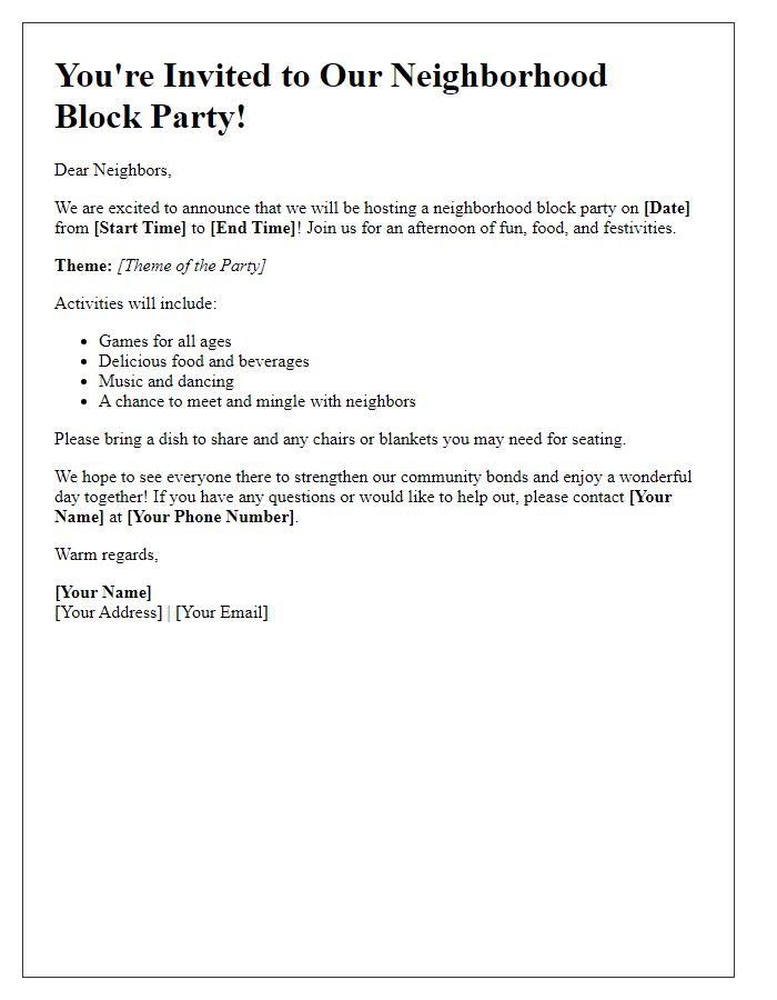 Letter template of theme announcement for neighborhood block party