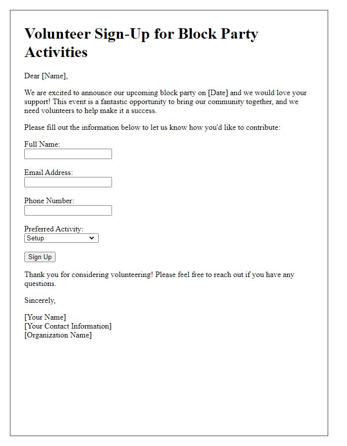 Letter template of volunteer sign-up for block party activities