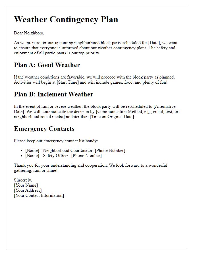 Letter template of weather contingency plans for neighborhood block party