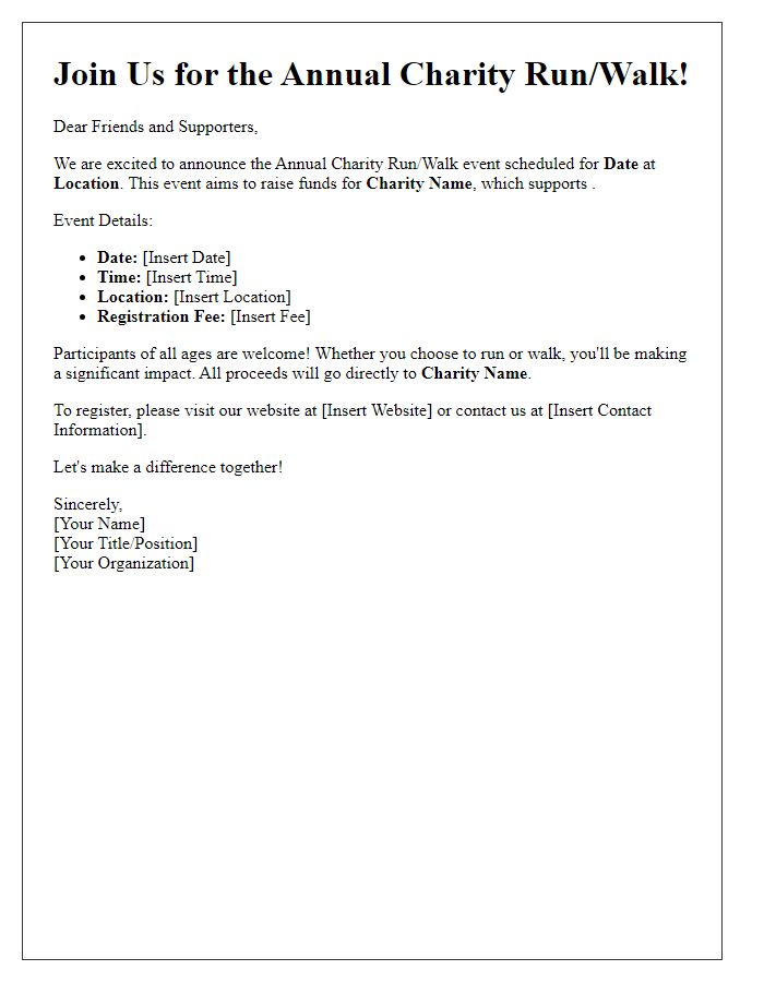 Letter template of charity run/walk event announcement